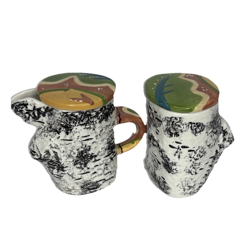 Vtg MCM Birch Tree Stump Lidded Creamer and Sugar Ceramic Cabin Decor Lodge